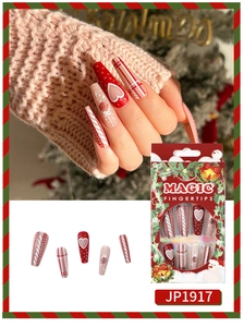 Detailed Christmas themed long coffin press-on nails with heart, snowflake and glitter art