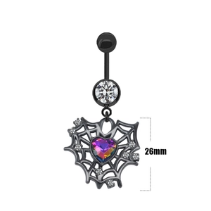 Macro detail of 26mm spider web navel ring with heart gem and white diamonds
