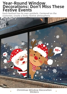 Detailed Santa Claus and reindeer window decals with snowflake elements for Christmas decor
