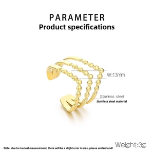 Vue détaillée des paramètres de la bague en acier doré triple couche de 13mm de large
