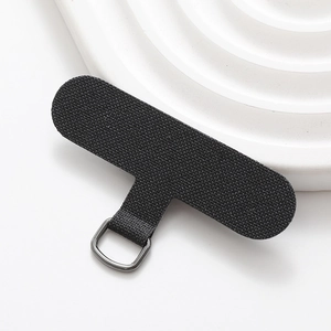 Universal black nylon phone tether tab with gray metal D-ring on white background