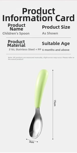Detailed dimensions of 316L stainless steel baby spoon with green PP handle, 15cm x 3cm