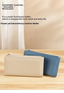Slim lychee pattern genuine leather wallets in beige and blue with metal zippers