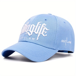 Classic light blue cotton baseball cap with Thuglife and Outlaw 3D embroidery detail
