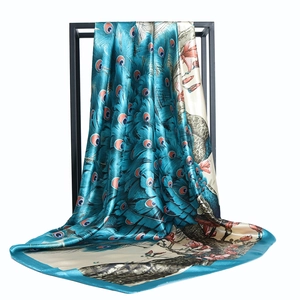 Peacock Floral Print Large Square Scarf Satin Polyester Satin Feeling Neck Head Scarf For Women Accessory