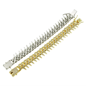 Men's hip-hop iced-out Cuban link bracelets in gold and silver with edgy punk spikes