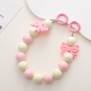 Colorful 16mm acrylic beaded phone strap with pink bows and metal spring rings