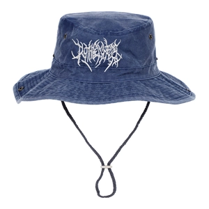 Dark blue denim sun hat with white embroidery and adjustable windproof strap