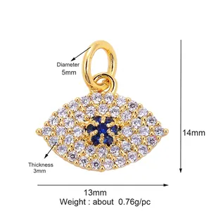 Detailed view of evil eye charm dimensions with colorful zircon inlay and gold plating