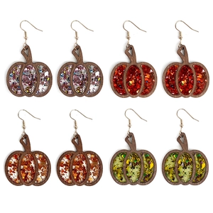 Halloween Pumpkin Dangle Earrings Wood Frame Sparkling Acrylic Glitter Hollow Out Festive Fall Jewelry Gift Women