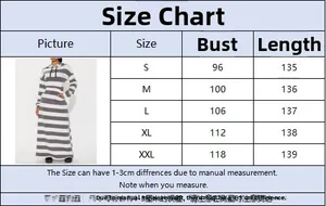 Size chart for women's striped hooded maxi dress with bust and length measurements in cm