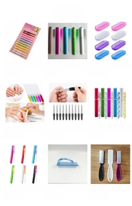 Collection of professional nail tools including cuticle forks, files and plastic brushes