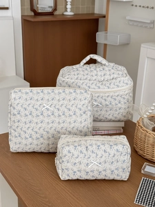 Detailed set of three floral quilted toiletry bags with elegant blue flower patterns