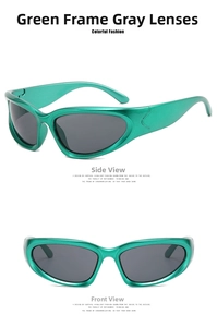 Detailed views of futuristic green sports sunglasses with dark grey lenses and Y2K aesthetic