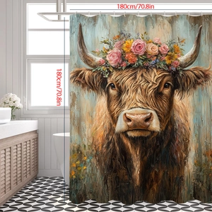 Detail showing highland cow floral oil painting shower curtain sized 180x180cm