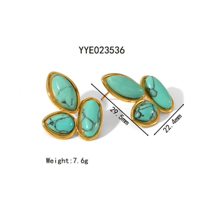 Detailed size view of turquoise earrings with gold frame, 29.5mm by 22.4mm dimensions