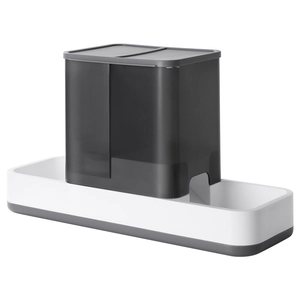 Minimalist gravity pet feeder and waterer dispenser in sleek gray and white design