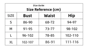 Detailed size guide for printed one-piece swimsuit covering bust, waist, and hip measurements
