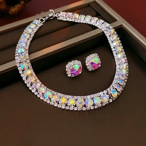 Shiny Rhinestone Necklace And Earrings For Women Vintage Copper Choker With Silver Earring Post Luxury Jewelry Design