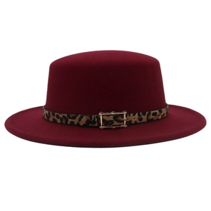 Detail view of burgundy wool felt boater hat with leopard print band and metal buckle