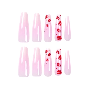 Glossy pink coffin press-on nails with red lip print patterns in a ten-piece set