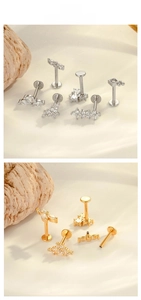 Detailed display of flower shaped titanium ear studs with zircon inlays in silver and gold