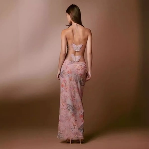 Pink floral mesh maxi dress featuring backless string ties and delicate butterfly embroidery