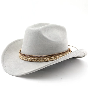 Detail of light gray suede fedora featuring a rhinestone and pearl embellished hatband