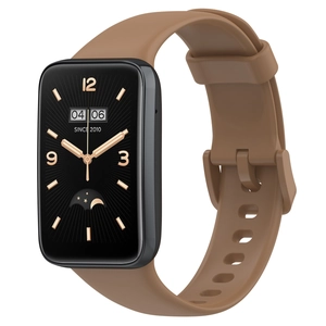Macro detail of brown silicone replacement strap and digital display for Xiaomi Band 7 Pro