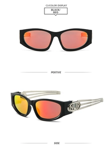 Close-up of square metal frame sunglasses with red lenses and hollow temple details