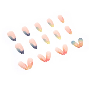 Almond-shaped press-on nails with colorful pastel gradients and hollow heart designs