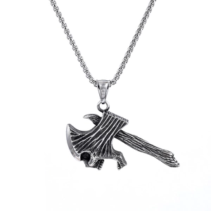 Vintage silver stainless steel axe pendant necklace for men with gothic skull design