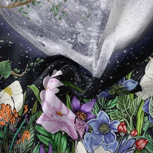 Vue détaillée montrant la texture fine et l'imprimé floral de lune vif de la tapisserie