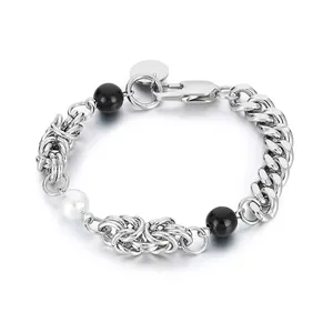 Chain Bracelet Titanium Steel Spliced Design With Shell Artificial Pearl And Black Beads Hip Hop Minimalist Style For Men Women