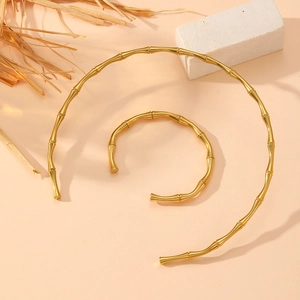 Retro golden stainless steel bamboo collar necklace and open cuff bracelet set