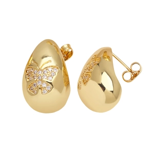 Gold water drop earrings with zircon butterfly inlay, featuring front and side view