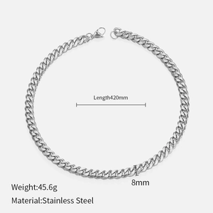 Detailed specs of silver Cuban chain necklace with 8mm width and stainless steel material