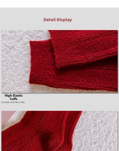 Close-up of thick red knitted socks with elastic cuff and textured warm wool fabric