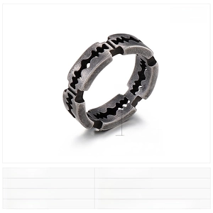 Macro shot of punk style stainless steel ring with razor edge design and black finish