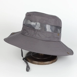 Wide brim dark grey outdoor fishing hat with breathable mesh and windproof cord
