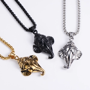 Retro hip-hop elephant head pendants in gold, black, and silver stainless steel