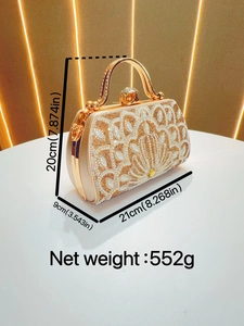 Golden rhinestone evening clutch with pearls and floral pattern, 21cm width main view