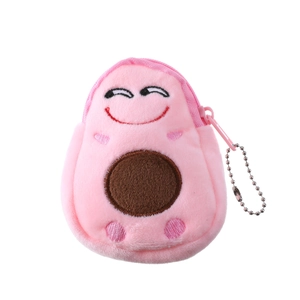 Pink plush avocado coin purse with zipper closure and metal keychain on white background