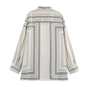 Beige satin long sleeve shirt for women with black geometric line patterns back view
