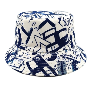 Detailed stitching and blue graffiti letter print on the white canvas bucket hat brim