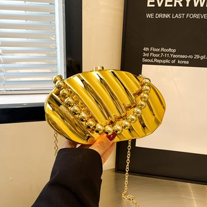 Evening Clutch Bag Shell Shaped Acrylic Pleated Metal Texture With Beaded Handle And Chain Strap For Women Party