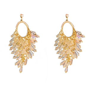 Elegant gold fringe earrings with oval crystals and diamond studs on white background