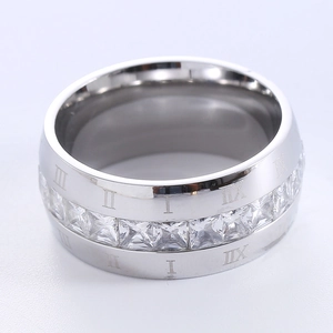 Silver stainless steel ring with Roman numerals and shimmering zircon inlay