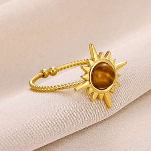 Bohemian sun ring in gold stainless steel featuring a brown tiger eye stone inlay