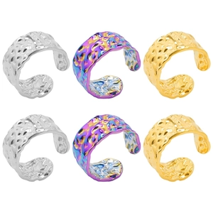 Stainless Steel Hammered Texture Open Ring For Women Men Minimalist Adjustable Geometric Finger Ring Vintage Punk Style Jewelry Gold Silver Rainbow
